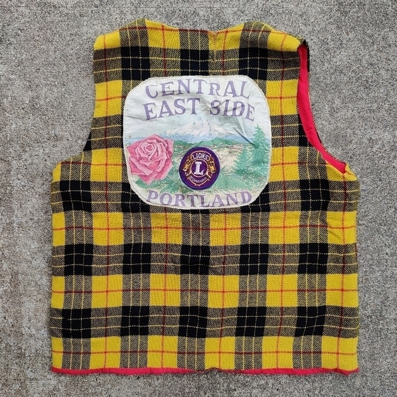 Vintage Jackets & Blazers - Vintage Lions Club Plaid Portland OR Central East Side Yellow Black Wool Vest XL